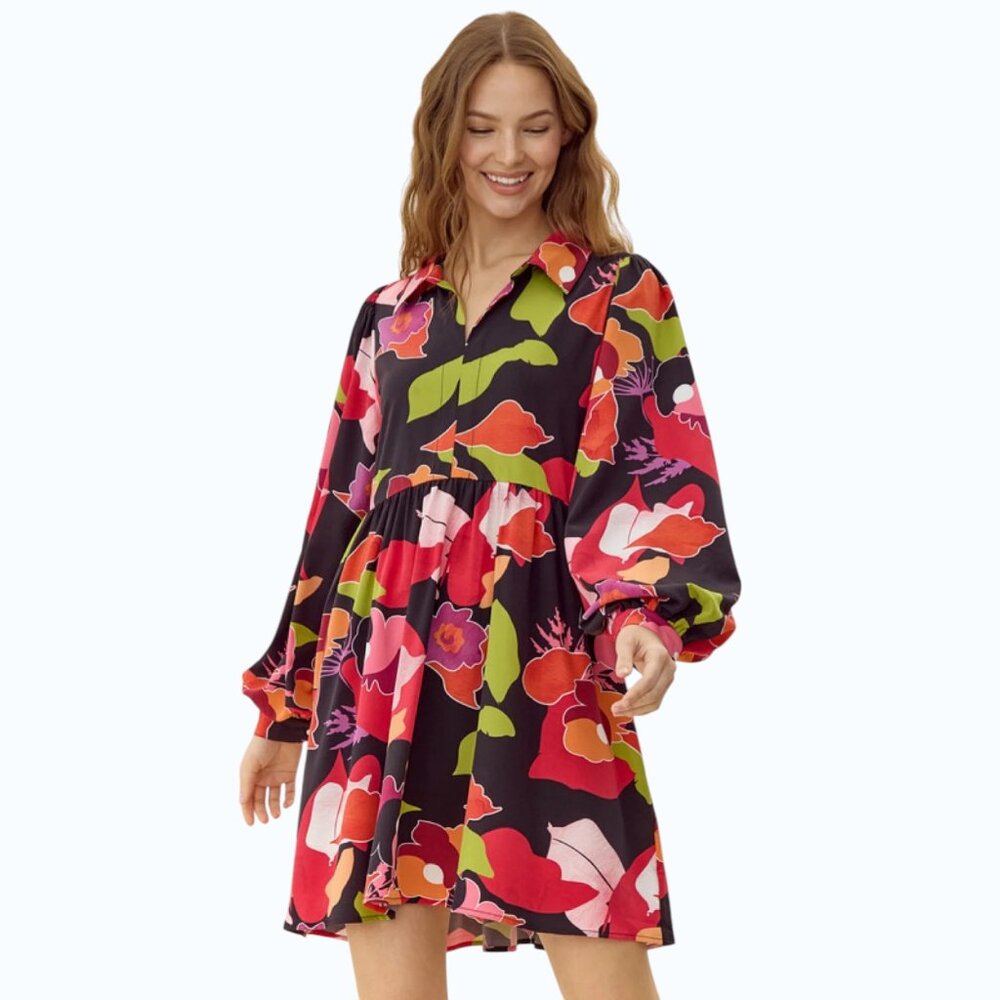 Jodifl Floral‎ Babydoll Mini Dress Black Long Sleeve Collared Tunic S